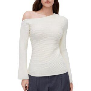 Women Off Shoulder Fall Sweater Slim White Ribbed Knit Long Sleeve Top Trendy